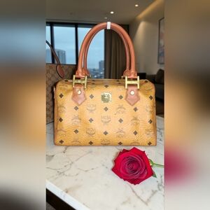 MCM Visetos Cognac Leather Handbag In Classic Cognac Brown & MCM Dust Bag